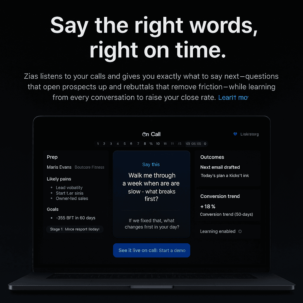 Zias live sales copilot: stage tracker, say-this guidance, and outcomes